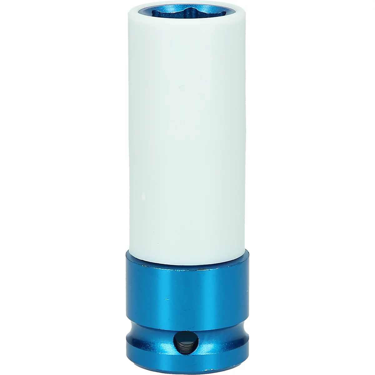 Zylinderförmiger Aufsatz, weiss mit blauem Sockel.
